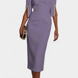 Елена - Миди Рокля с Перлени Детайли и Кръгло Деколте