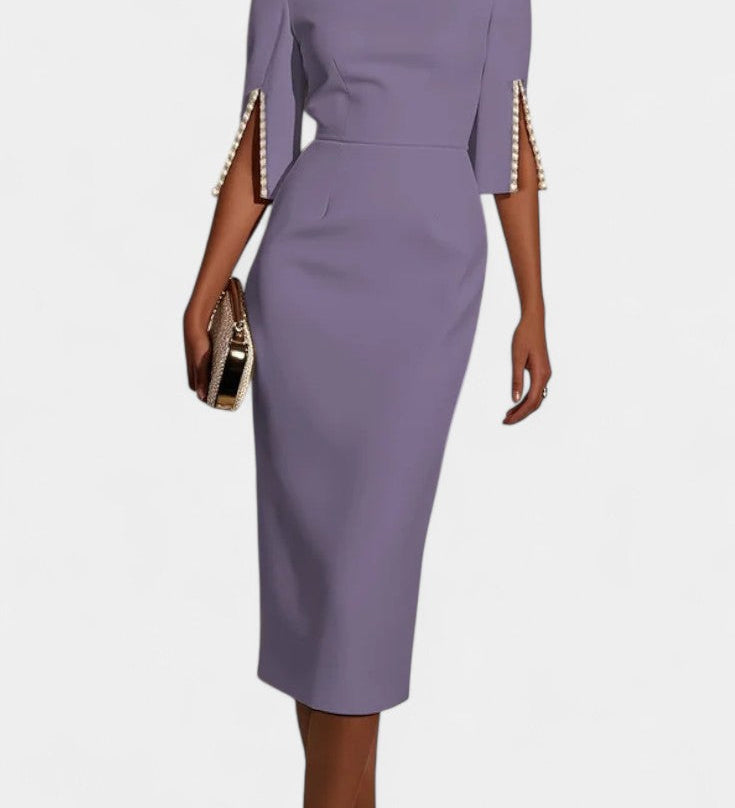 Елена - Миди Рокля с Перлени Детайли и Кръгло Деколте