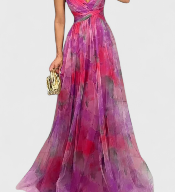 Милена - рокля Магдалена с цветен десен и V-образно деколте