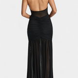 Евелина - Дълга Рокля от Мляко Коприна с Дълбоко Деколте и Оформени Набръчквания