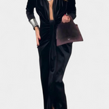 Александра - Вилма Дълга Рокля от Златен Бархет с V-Изрез