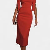 Елена - Миди Рокля с Перлени Детайли и Кръгло Деколте