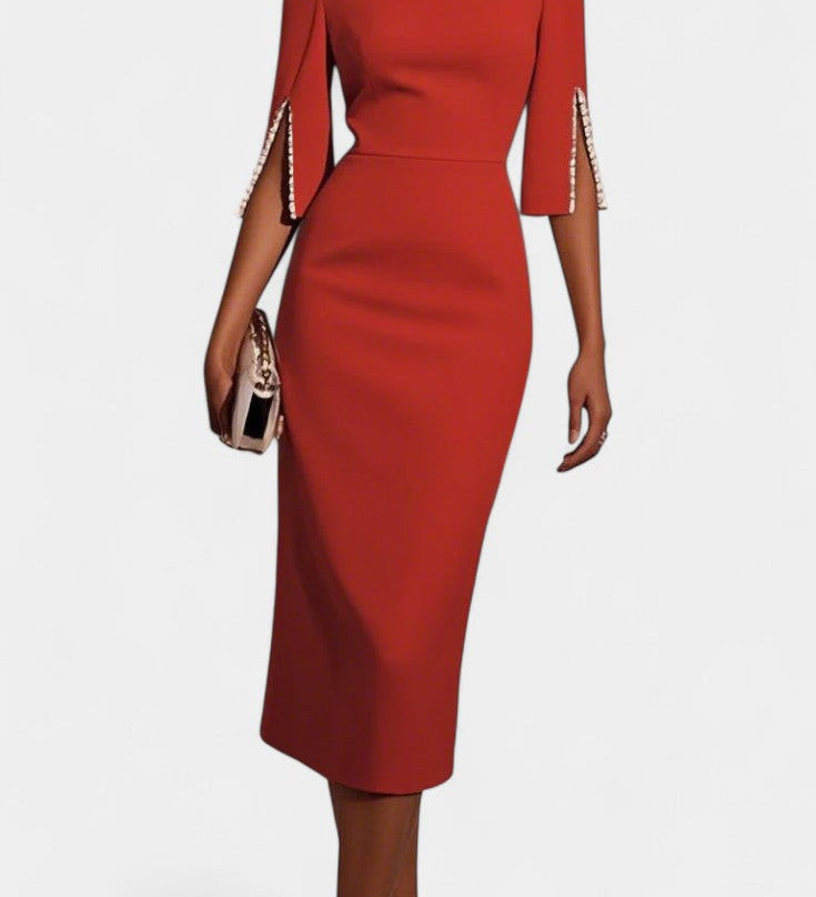 Елена - Миди Рокля с Перлени Детайли и Кръгло Деколте