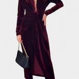 Александра - Вилма Дълга Рокля от Златен Бархет с V-Изрез