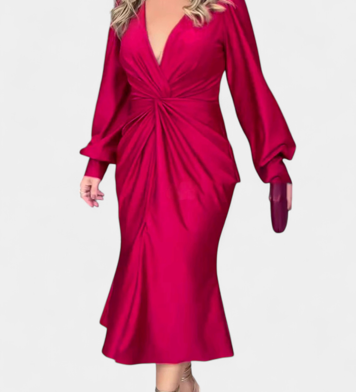 Виктория - Дълга Рокля с Дълги Ръкави и V-образно Деколте