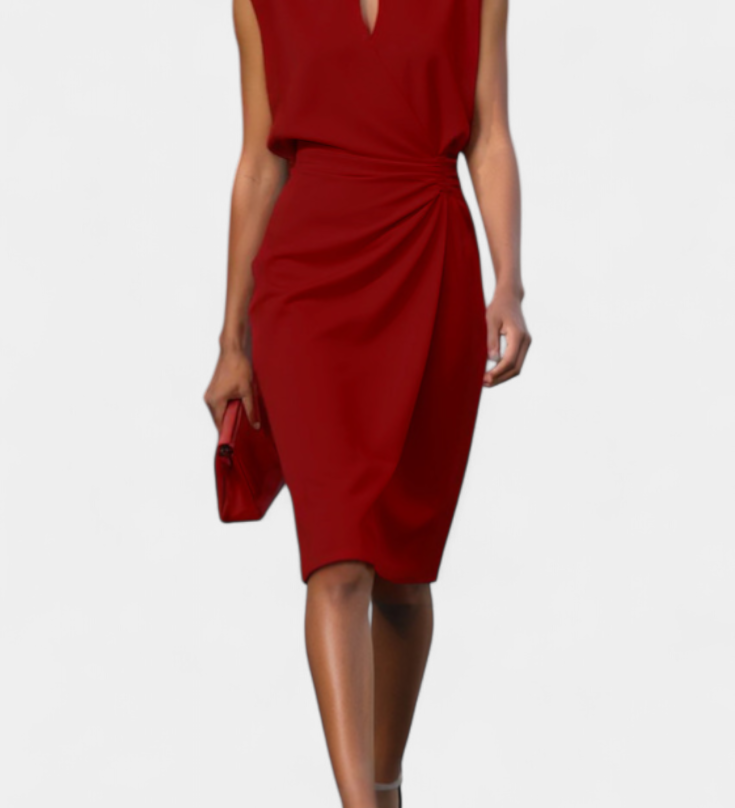 Любомира - Миди Рокля с Дълги Ръкави и Кръгло Деколте