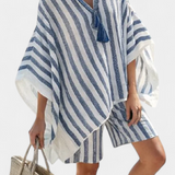 Виолета - Комплект с райе на Нанси с овърсайз тениска и елегантни шорти