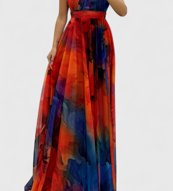 Антоанета - Рокля от Шифон с Цветен Узор и Халтер Яка