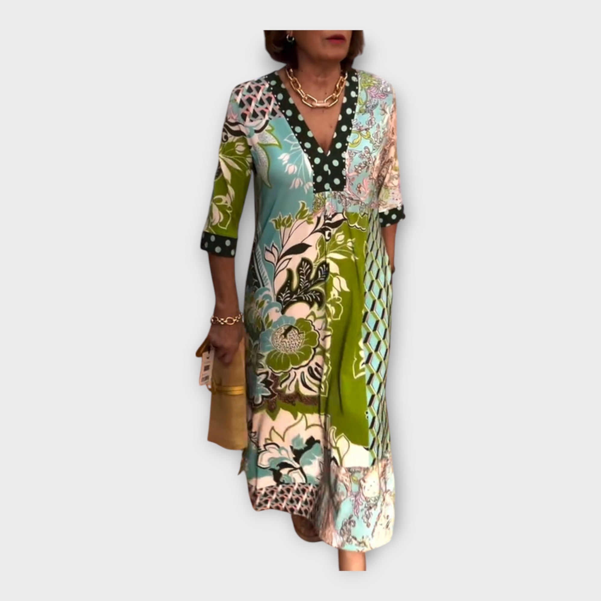 Десислава - Многоцветна рокля с копчета и 3/4 ръкави