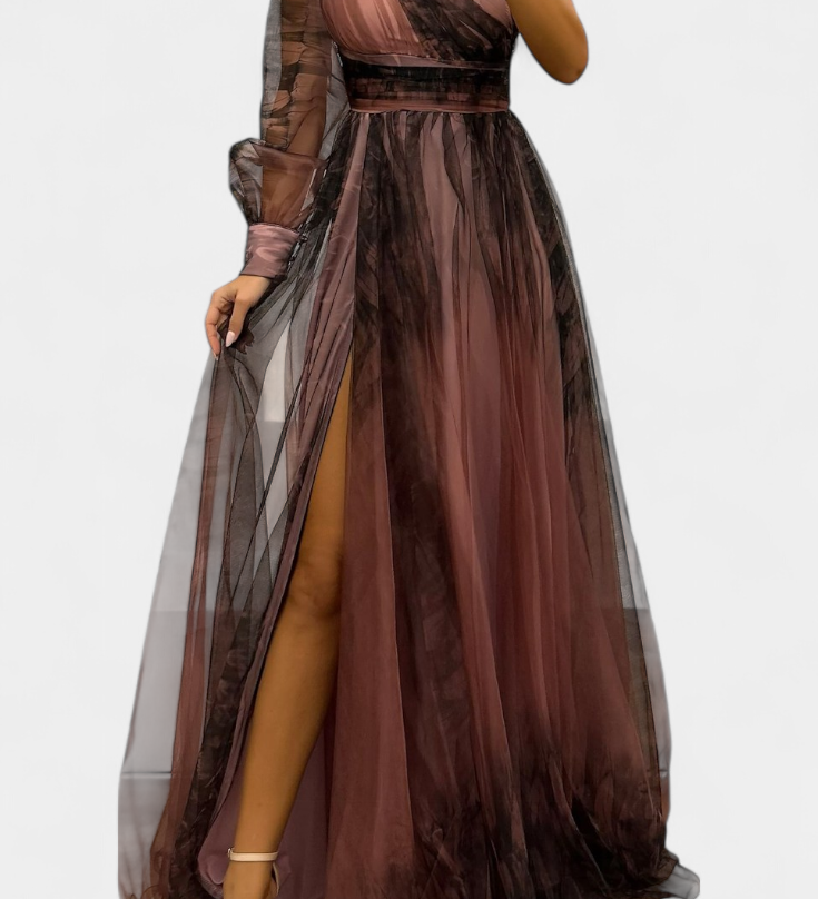 Емилия - Рокля от Шифон с Открито Рамо и Обемен Цвете