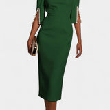 Елена - Миди Рокля с Перлени Детайли и Кръгло Деколте