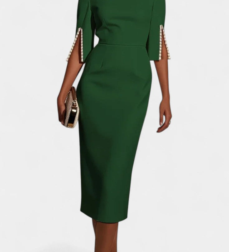 Елена - Миди Рокля с Перлени Детайли и Кръгло Деколте