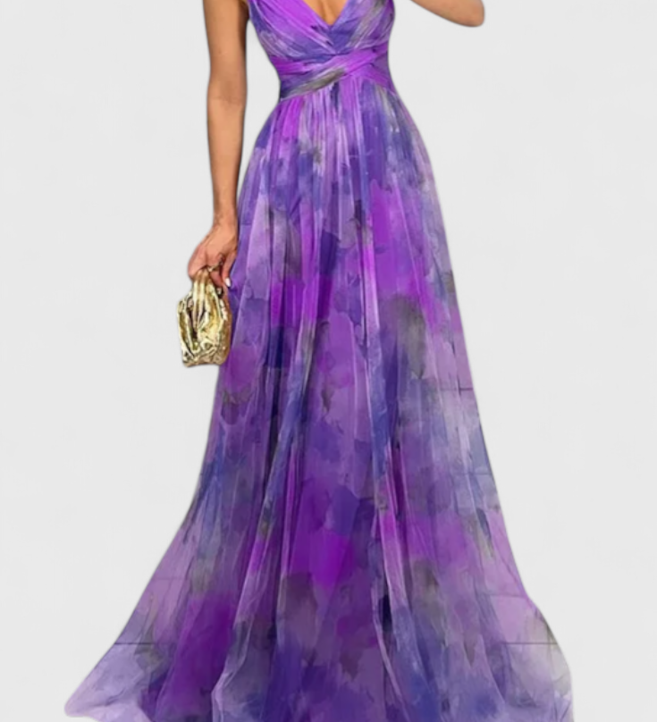 Милена - рокля Магдалена с цветен десен и V-образно деколте