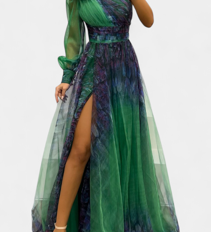 Емилия - Рокля от Шифон с Открито Рамо и Обемен Цвете