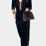 Александра - Вилма Дълга Рокля от Златен Бархет с V-Изрез