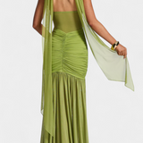 Евелина - Дълга Рокля от Мляко Коприна с Дълбоко Деколте и Оформени Набръчквания