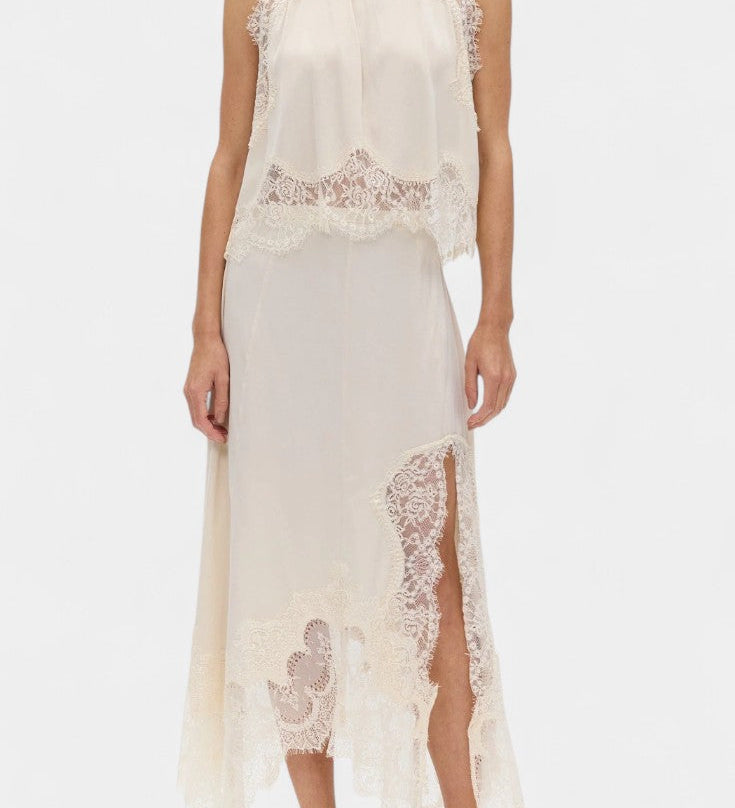 Петя - Миди Пола с Дантелени Детайли и Асиметричен Подгъв