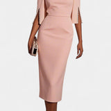 Елена - Миди Рокля с Перлени Детайли и Кръгло Деколте