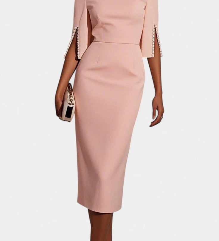 Елена - Миди Рокля с Перлени Детайли и Кръгло Деколте