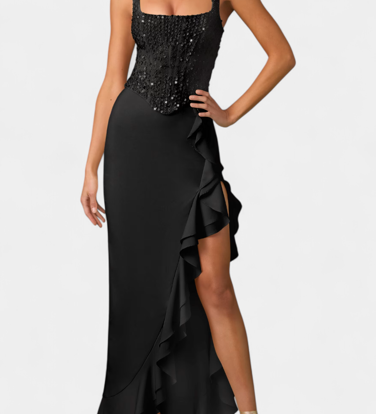 Весела - Миди Рокля с Корсет и Асиметрични Волани