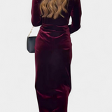 Александра - Вилма Дълга Рокля от Златен Бархет с V-Изрез