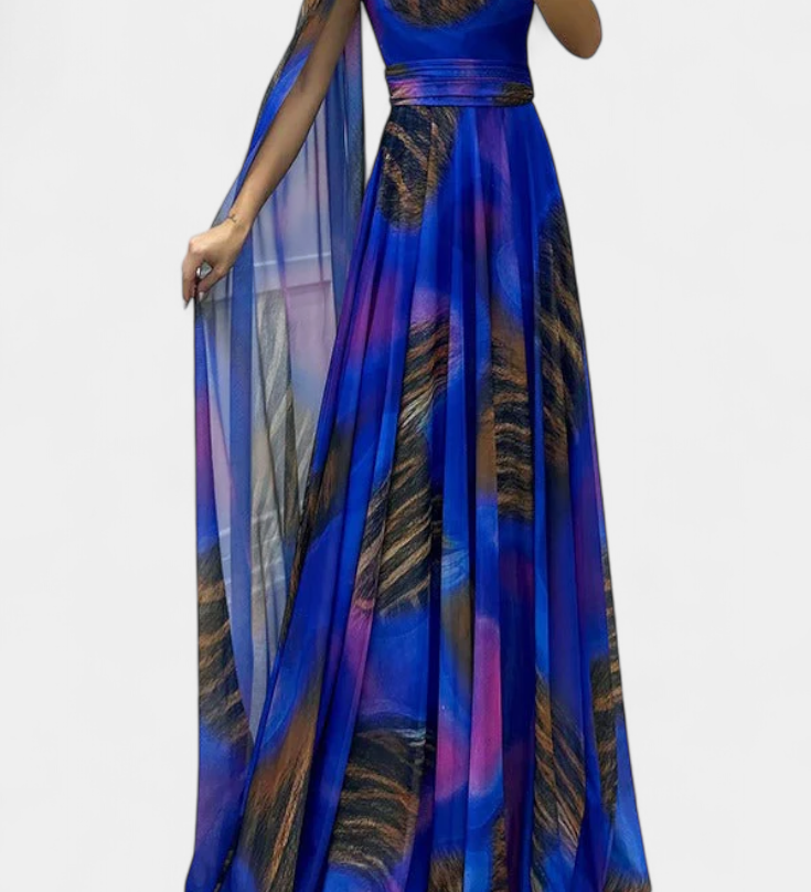 Александра - Дълга рокля Нивес с едно рамо и цветен детайл