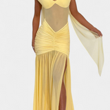 Евелина - Дълга Рокля от Мляко Коприна с Дълбоко Деколте и Оформени Набръчквания