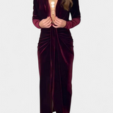 Александра - Вилма Дълга Рокля от Златен Бархет с V-Изрез