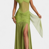 Евелина - Дълга Рокля от Мляко Коприна с Дълбоко Деколте и Оформени Набръчквания