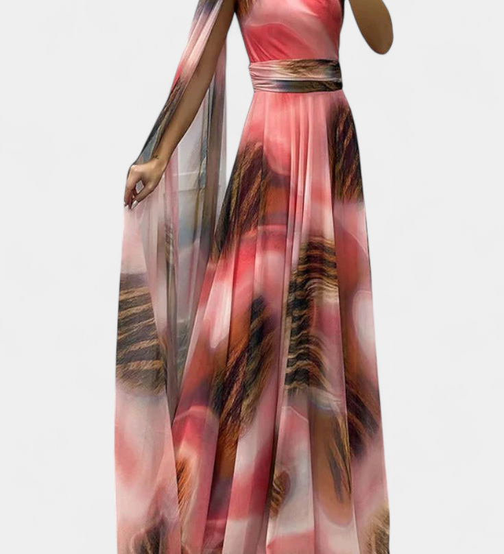 Александра - Дълга рокля Нивес с едно рамо и цветен детайл