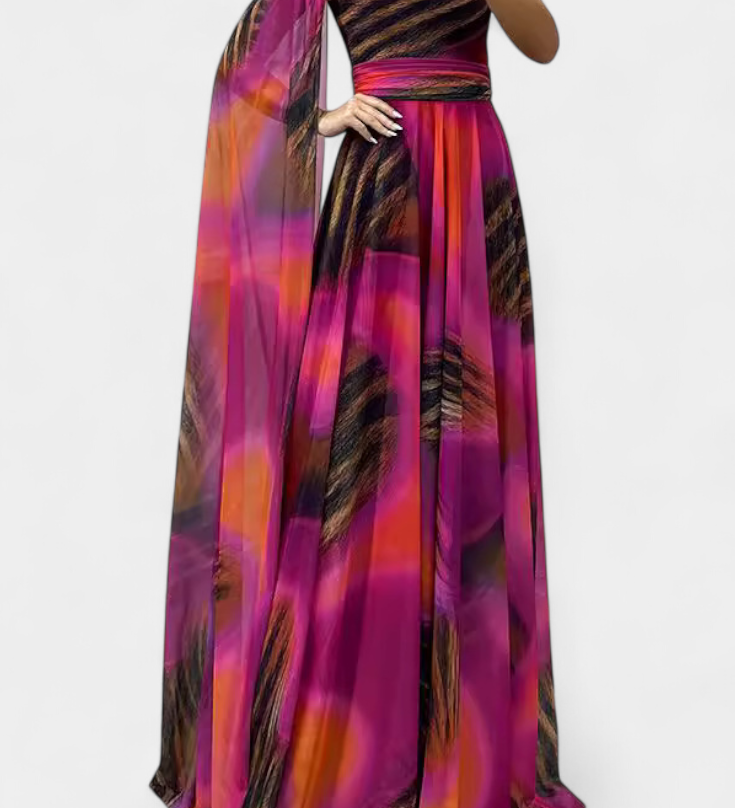 Александра - Дълга рокля Нивес с едно рамо и цветен детайл