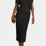 Елена - Миди Рокля с Перлени Детайли и Кръгло Деколте