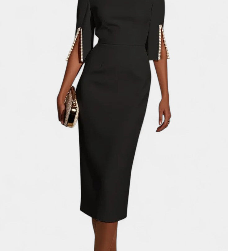 Елена - Миди Рокля с Перлени Детайли и Кръгло Деколте