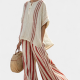 Виктория - Зашеметяващо Двучастно Облекло Дейзи с Червени Ленти в Естествена Текстура