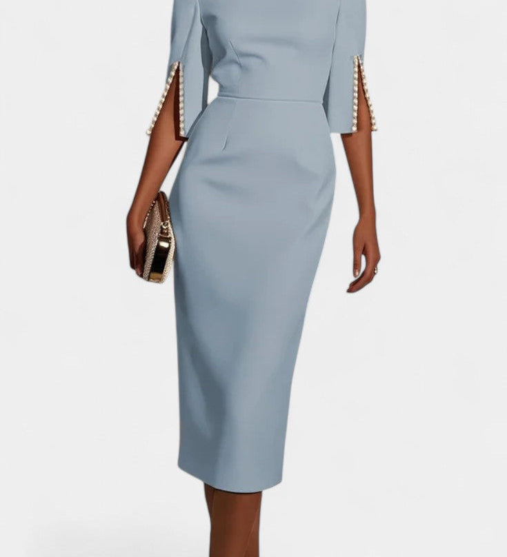 Елена - Миди Рокля с Перлени Детайли и Кръгло Деколте