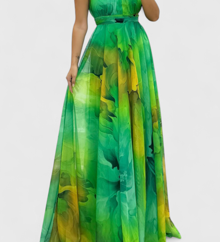 Антоанета - Рокля от Шифон с Цветен Узор и Халтер Яка