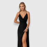 Надежда - дълга сатенена рокля с разкроя и тънки презрамки